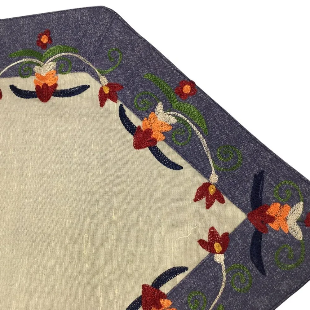 Pier One Imports Table Runner Floral Denim 14 x 72 Embroidered Beaded Tassels